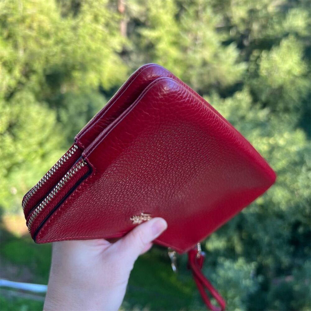 COACH Double Zip Wristlet Phone Wallet Red Pebble Leather Gold Hardware AUTHNTC - Picture 8 of 12